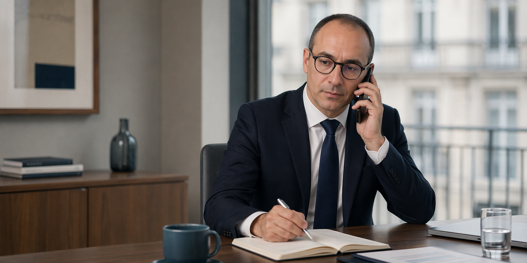 Un associé Forteris échange au téléphone dans un bureau sobre et confidentiel.